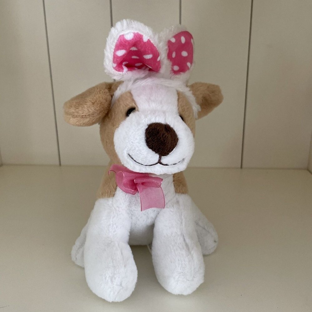 Dan Dee Dog Plush Bunny Ears Easter Spring White Brown Pink Polka Dot Rabbit